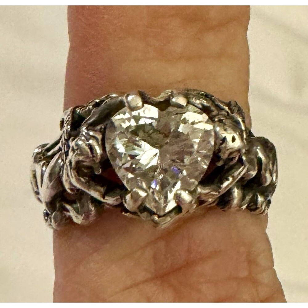 Kabana 925 Sterling Silver Heart-Shaped Cubic Zirconia Prong Ring Size 6 Signed